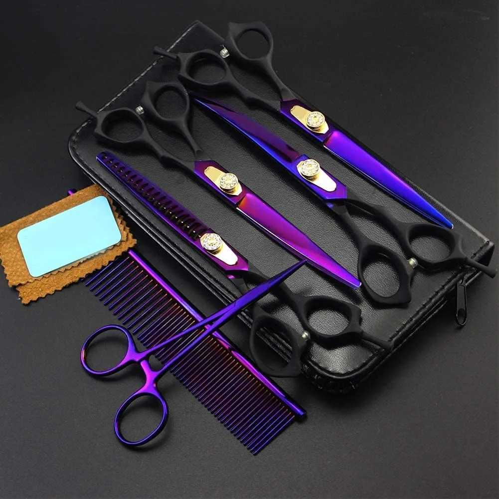 ست قیچی آرایشگری مو، اصلاح مو و پیرایش حیوانات خانگی، ست پیرایش حرفه ای 4 تکه استیل ضد زنگ، قیچی منحنی 7 اینچی برای کم حجم کردن موی سگ، قیچی آرایشگری