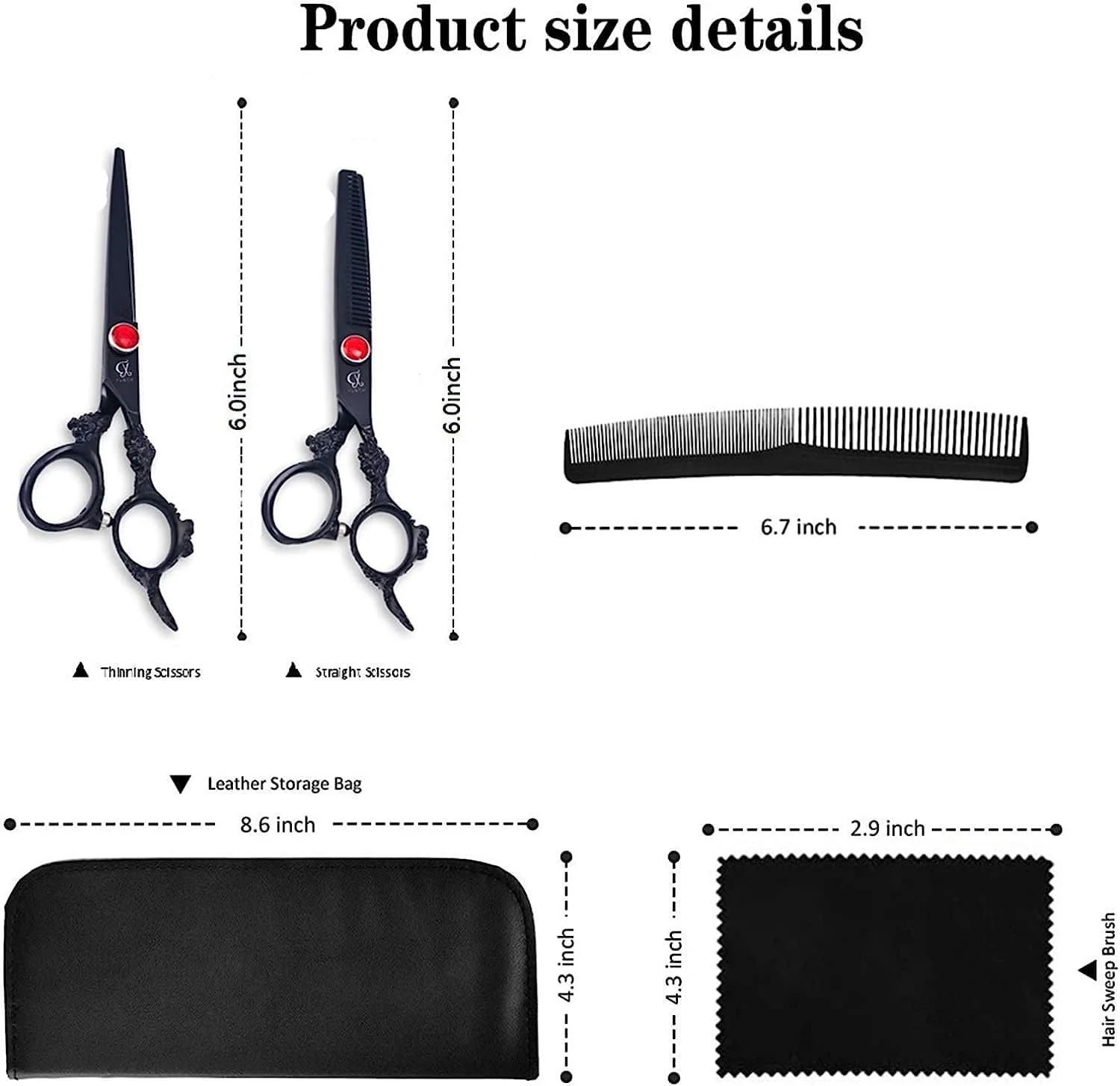 ست قیچی آرایشگری مشکی 6.0 اینچ، کیت قیچی آرایشگری استیل ضد زنگ، قیچی های تخت، قیچی های پیتاژ، چتری بافت دار، ست مناسب استفاده خانوادگی کودکان