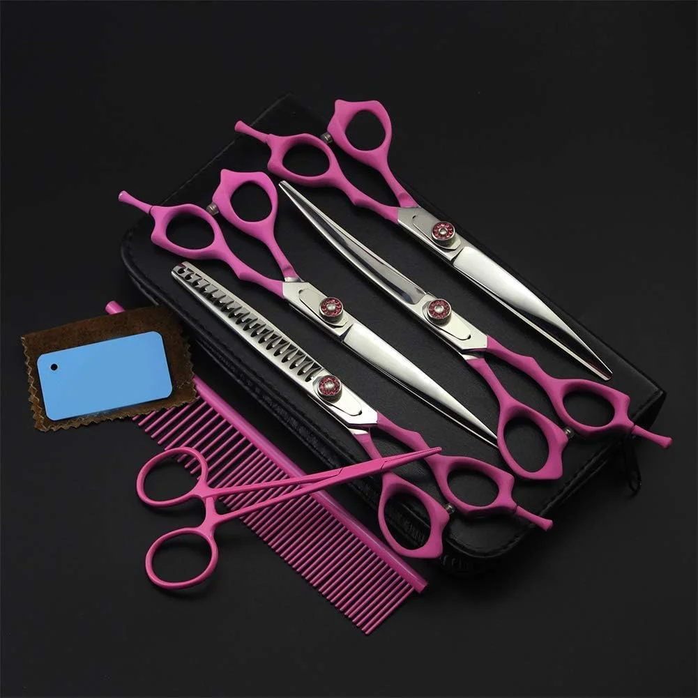 قیچی آرایشگری مو، ست پیرایش موی صورتی حرفه ای حیوانات خانگی، شامل قیچی های صاف، اره ای، منحنی، شانه و قیچی دندانه دار (ست دندانه دار)، قیچی آرایشگری