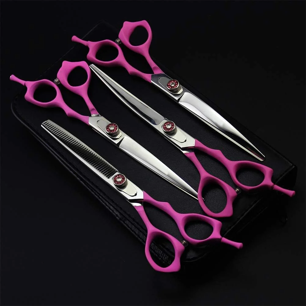 قیچی آرایشگری مو، ست پیرایش حرفه ای صورتی رنگ حیوانات خانگی، شامل قیچی های صاف، اره ای، منحنی، شانه و ست دندانه دار (ست دندانه دار)، قیچی آرایشگری