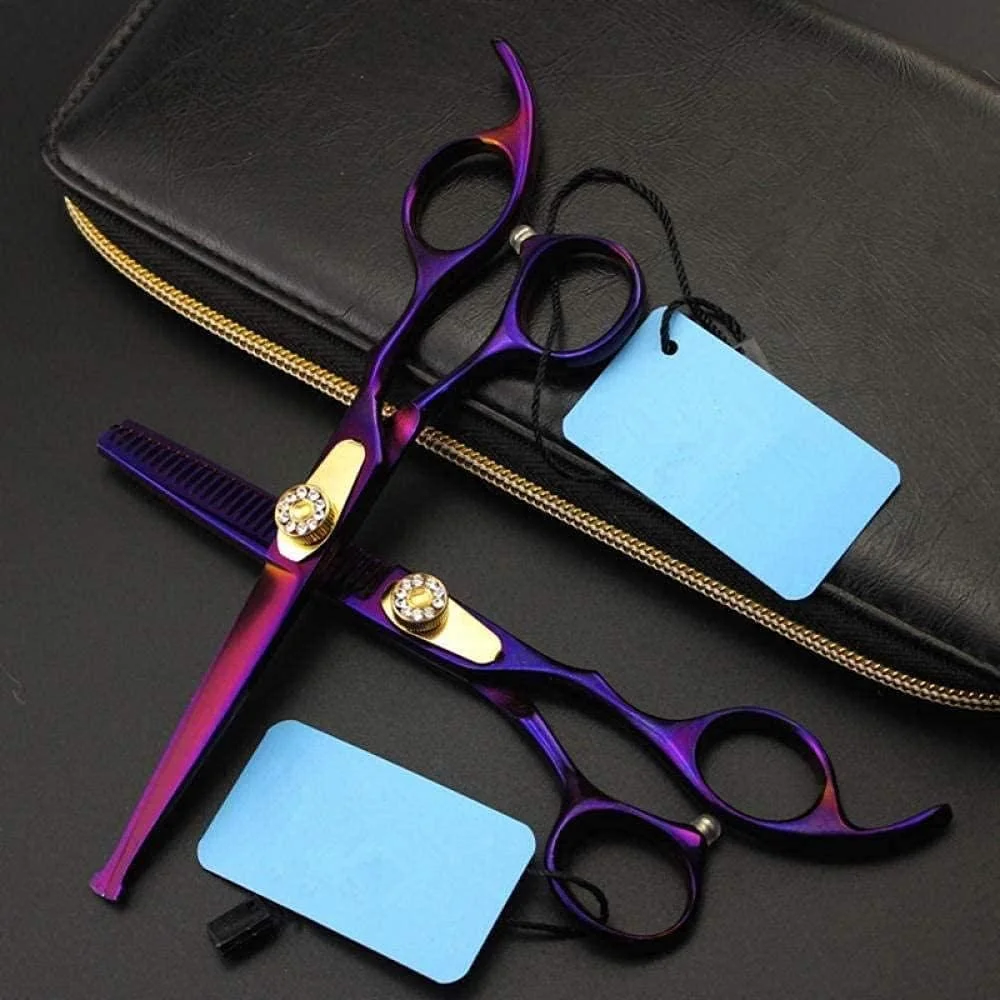 قیچی آرایشگری حرفه ای 6 اینچی، قیچی برش مو، قیچی آرایشگری، قیچی پیتاژ مو، ست قیچی آرایشگری - ست بنفش - ست طلایی، ست بنفش