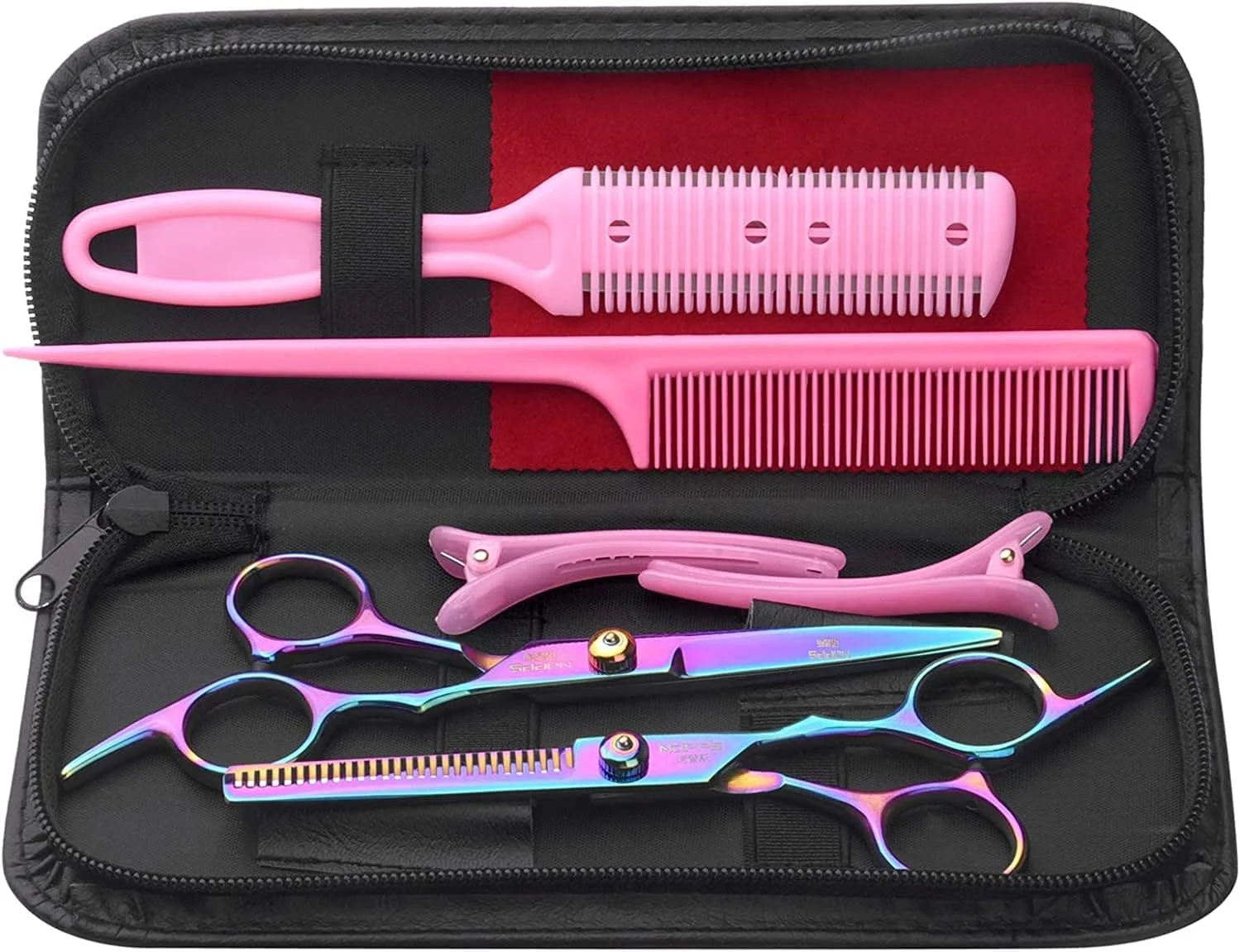 ست قیچی آرایشگری 8 تکه، ست قیچی پیرایشگری 6 اینچی استیل ضد زنگ، ست حرفه ای آرایشگری، قیچی های کم حجم کننده/بافت دهنده، شانه تیغ دار، گیره برای سالن خانگی (کت و شلوار قیچی)