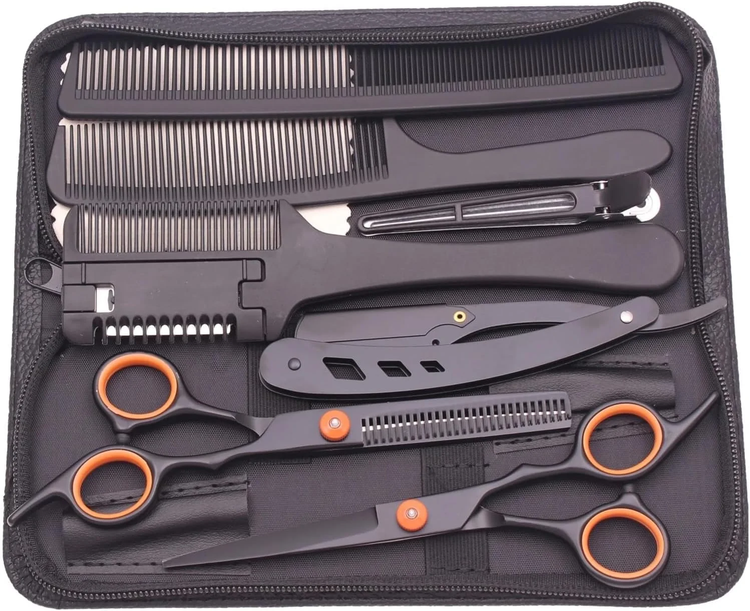 ست قیچی آرایشگری 5.5 اینچی به همراه تیغ، کیف چرمی قیچی، قیچی آرایشگری و قیچی پیتاژ/حجم دهنده مو برای آرایشگران حرفه ای یا استفاده در منزل (مشکی)