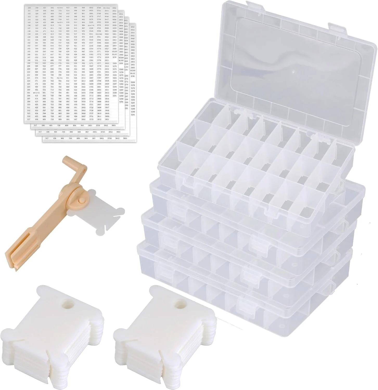 Aramanara Embroidery Floss Organizer Box Set, 4 Pcs 24 Compartments Cross Stitch Organizer Box with Bobbin Winder, Plastic Floss Bobbins and Floss Number Stickers for Craft DIY Sewing Jewelry Screw