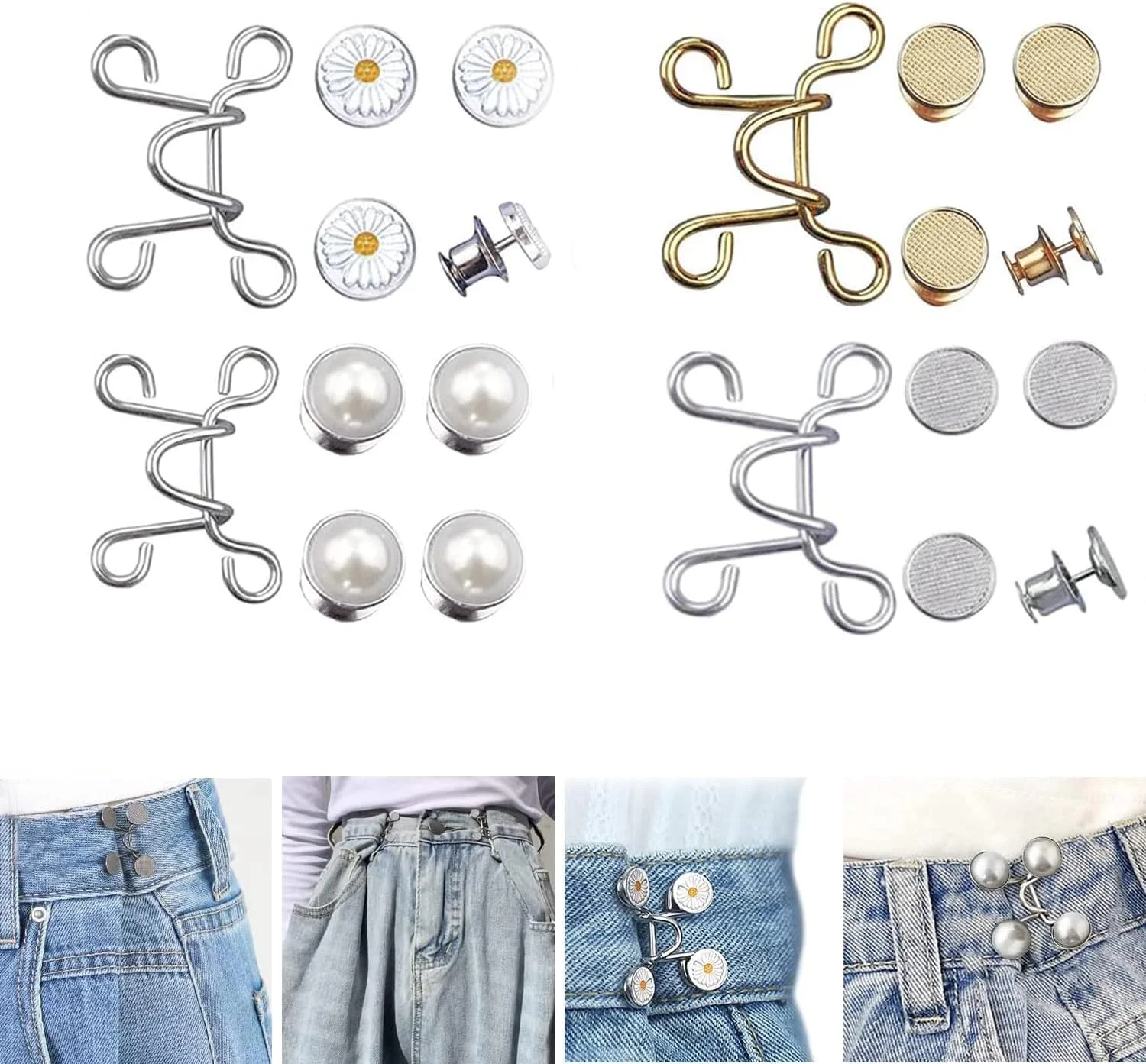 16 Pieces Adjustable Waist Buckle Extender Set, 8 Set 4 Style Jean Button Pins No Sewing Required Pants Clips for Waist, Pant Waist Tightener for Jeans Dress Perfect Fit Instant Button