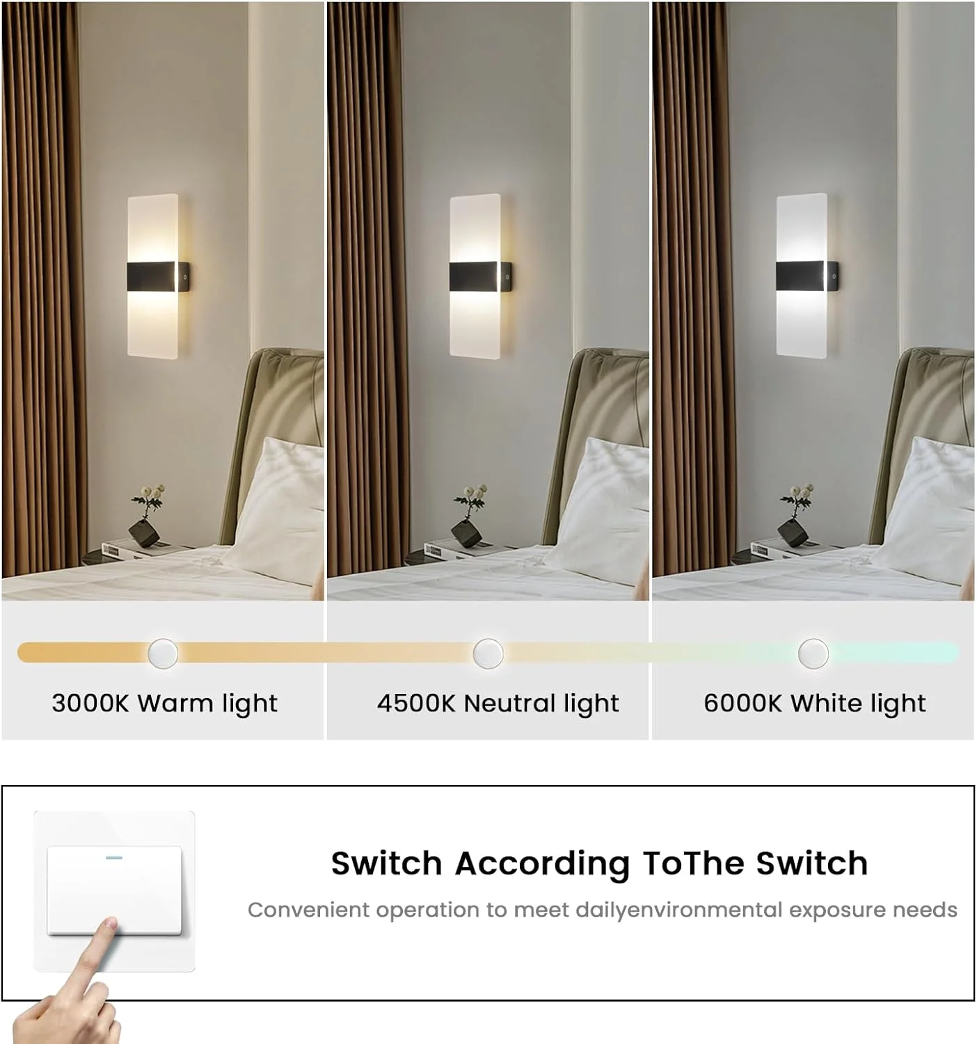 چراغ دیواری ال ای دی مینیمالیستی مدرن YATAI، چراغ دیواری مربعی مشکی 4 وات با کنترل سوئیچ سه رنگ (3000K-6000K)، ایده آل برای اتاق خواب، اتاق غذاخوری، کنار آینه