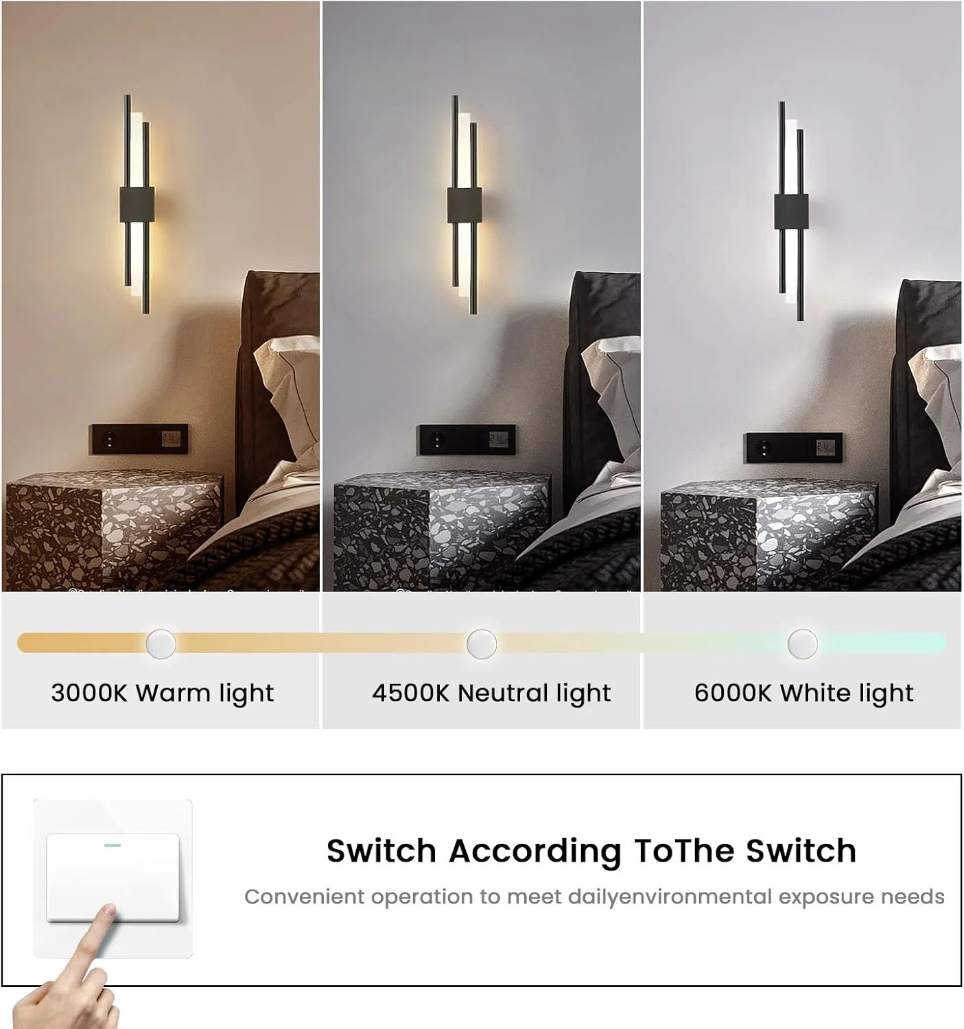 YATAI Modern LED Wall Light, 6W LED Wall Lamp, 50cm Dimmable 3-Color Lighting Fixture for Bedroom, Dining Room, Mirror Side, and Dressing Table