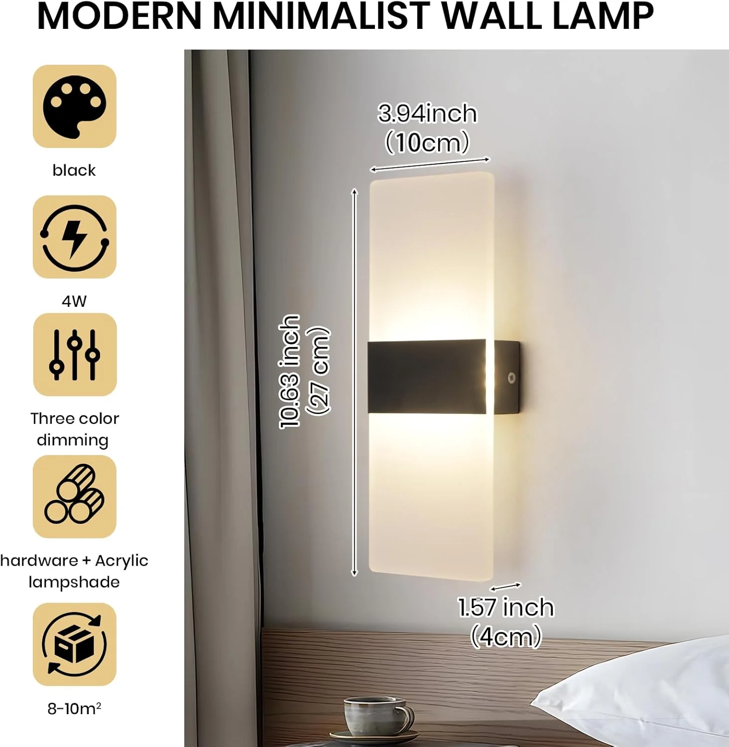 چراغ دیواری ال ای دی مینیمالیستی مدرن YATAI، چراغ دیواری مربعی مشکی 4 وات با کنترل سوئیچ سه رنگ (3000K-6000K)، ایده آل برای اتاق خواب، اتاق غذاخوری، کنار آینه