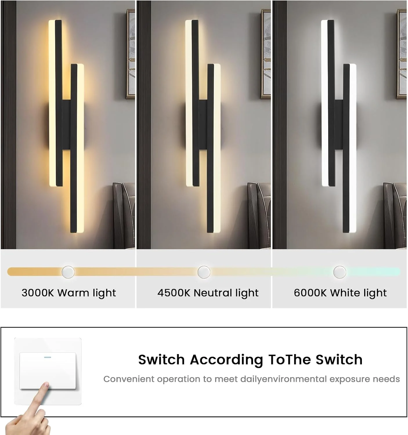 چراغ دیواری LED اتاق خواب YATAI LIGHTING (بسته بندی جدید)، چراغ دیواری دیمر دار، چراغ دیواری کنار تختی 19.6 اینچی، چراغ دیواری مدرن مشکی برای اتاق خواب، اتاق نشیمن، راهرو، حمام (مشکی)