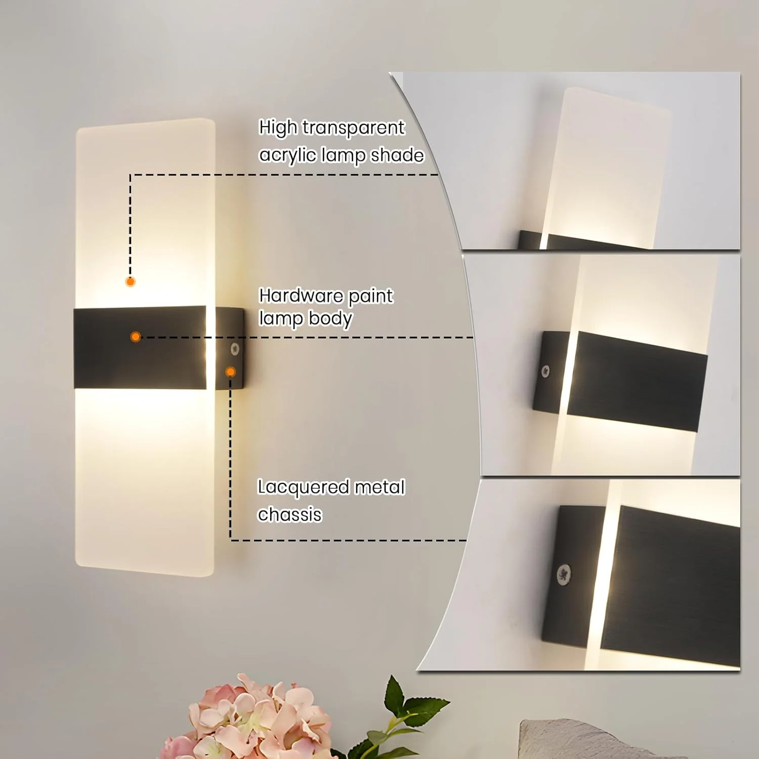 چراغ دیواری ال ای دی مینیمالیستی مدرن YATAI، چراغ دیواری مربعی مشکی 4 وات با کنترل سوئیچ سه رنگ (3000K-6000K)، ایده آل برای اتاق خواب، اتاق غذاخوری، کنار آینه