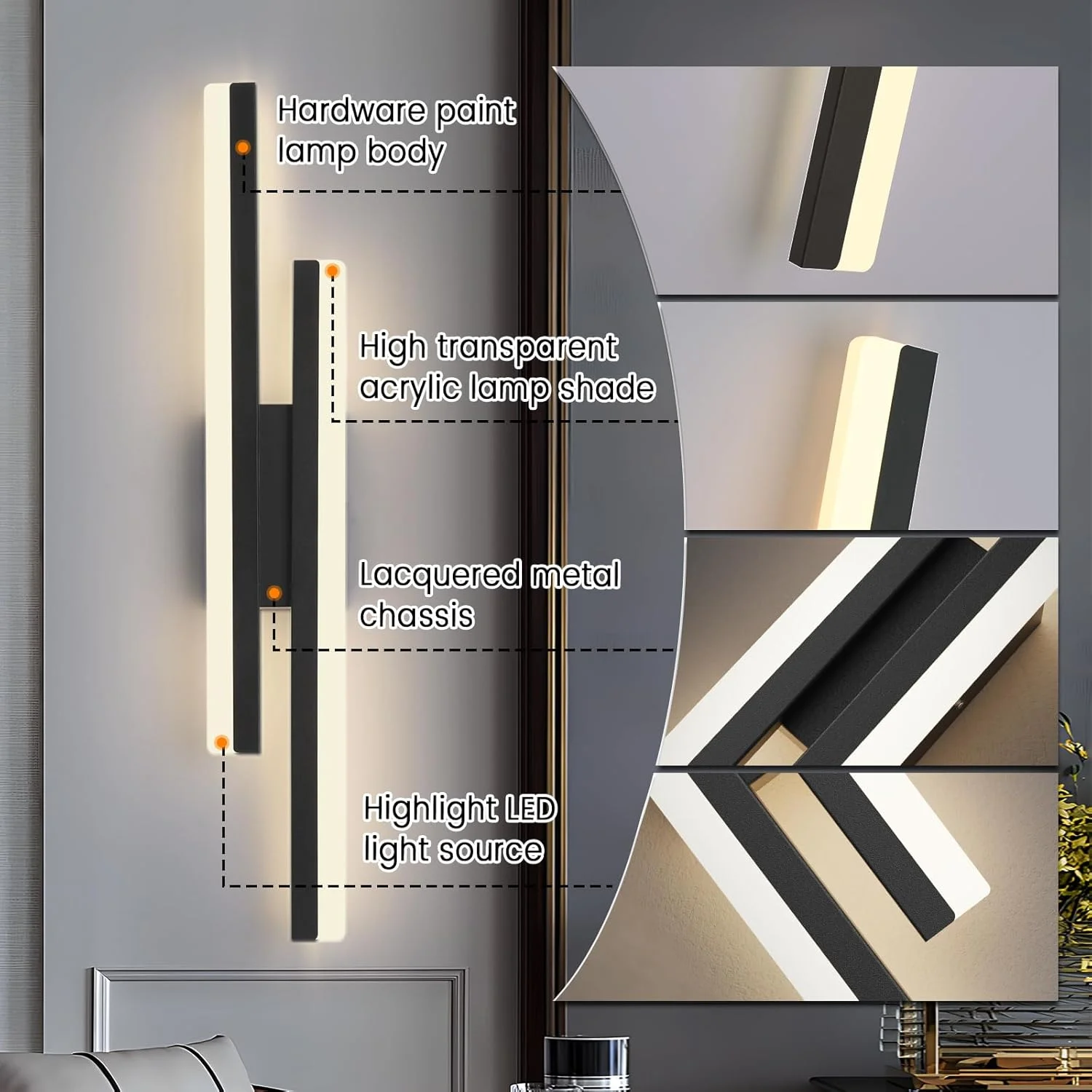 چراغ دیواری LED اتاق خواب YATAI LIGHTING (بسته بندی جدید)، چراغ دیواری دیمر دار، چراغ دیواری کنار تختی 19.6 اینچی، چراغ دیواری مدرن مشکی برای اتاق خواب، اتاق نشیمن، راهرو، حمام (مشکی)