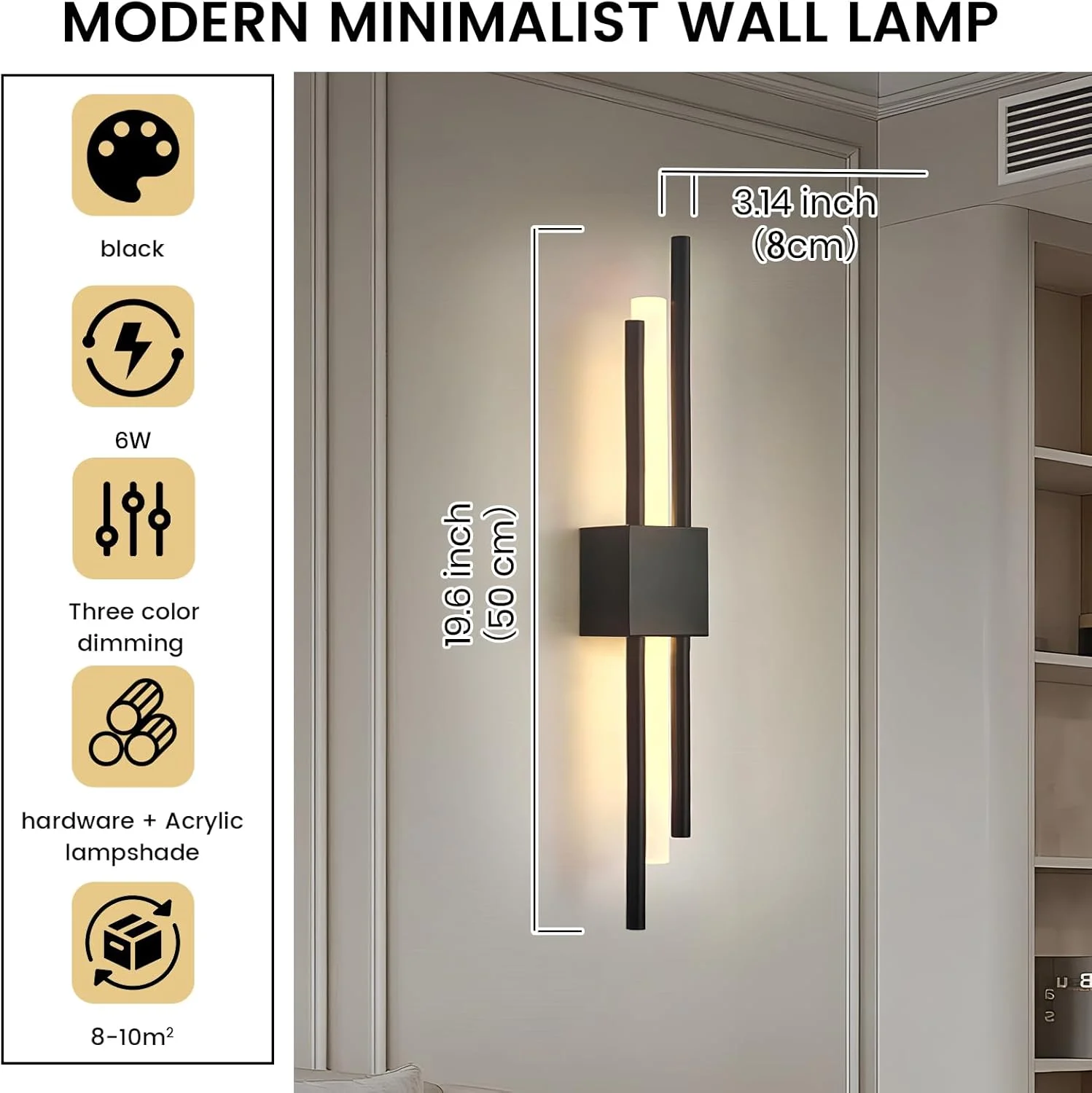 YATAI Modern LED Wall Light, 6W LED Wall Lamp, 50cm Dimmable 3-Color Lighting Fixture for Bedroom, Dining Room, Mirror Side, and Dressing Table
