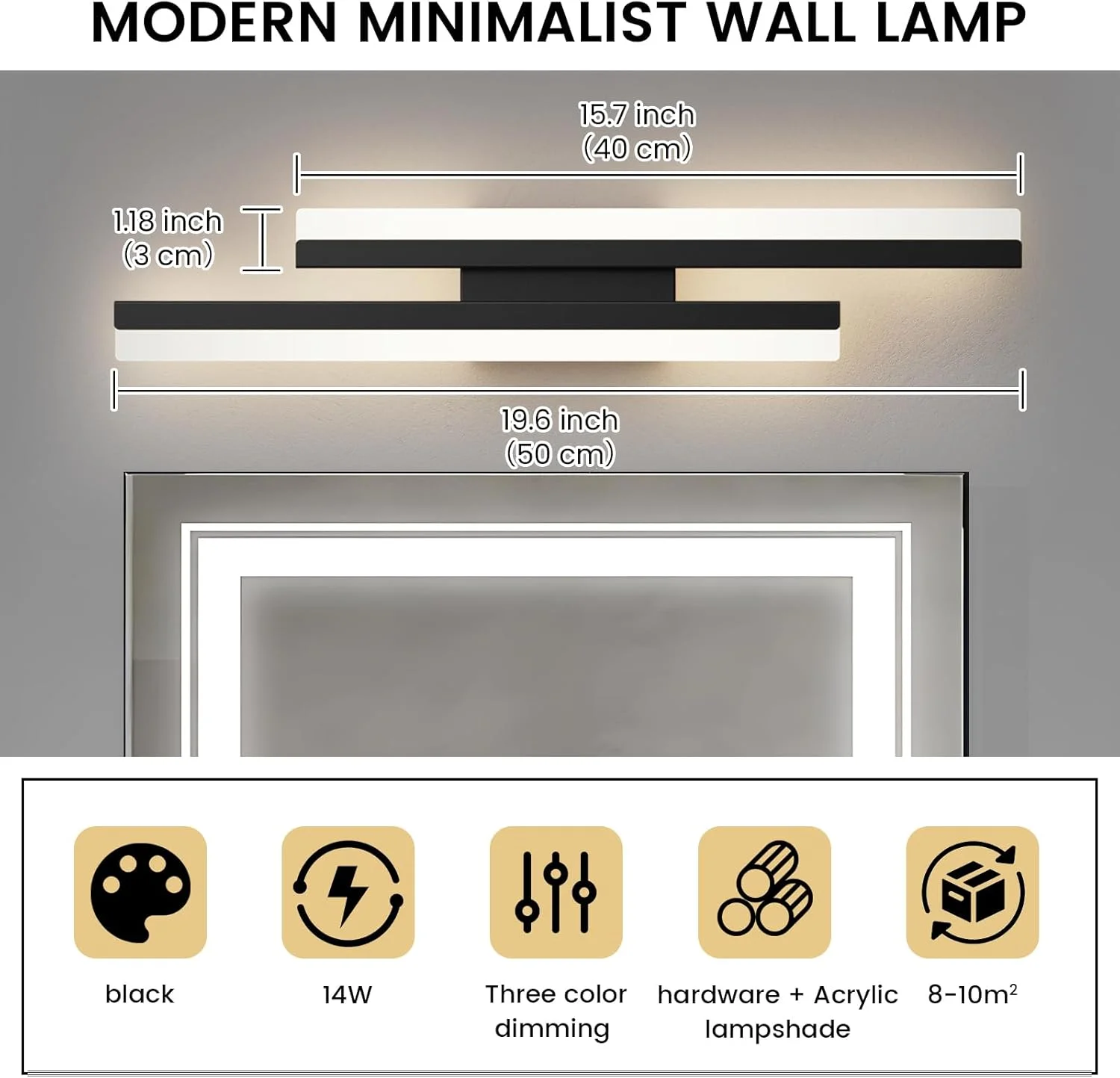 چراغ دیواری LED اتاق خواب YATAI LIGHTING (بسته بندی جدید)، چراغ دیواری دیمر دار، چراغ دیواری کنار تختی 19.6 اینچی، چراغ دیواری مدرن مشکی برای اتاق خواب، اتاق نشیمن، راهرو، حمام (مشکی)