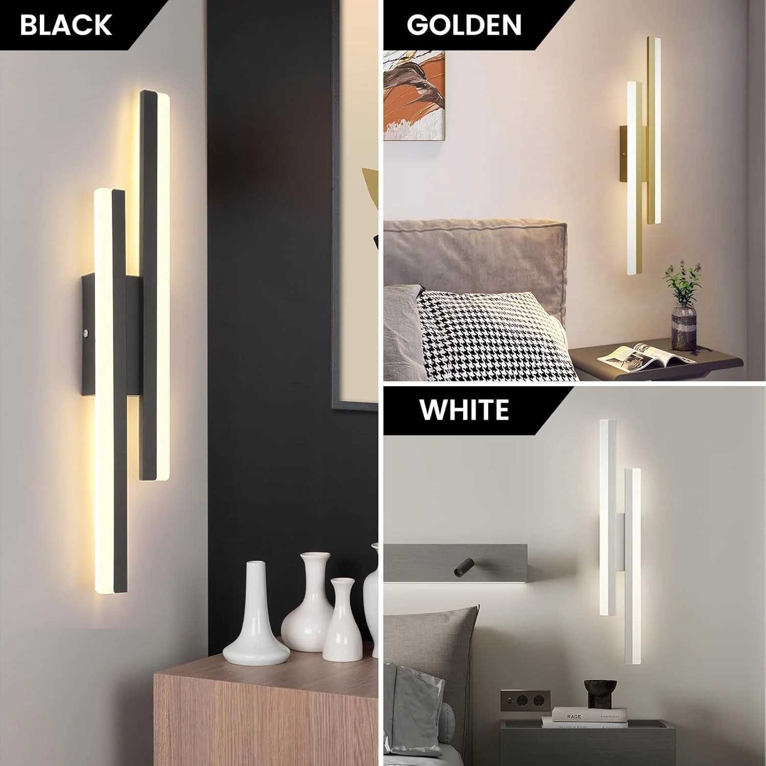 چراغ دیواری LED اتاق خواب YATAI LIGHTING (بسته بندی جدید)، چراغ دیواری دیمر دار، چراغ دیواری کنار تختی 19.6 اینچی، چراغ دیواری مدرن مشکی برای اتاق خواب، اتاق نشیمن، راهرو، حمام (مشکی)