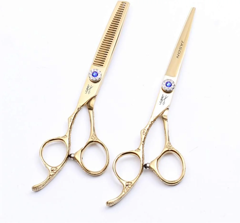 ست قیچی آرایشگری حرفه ای 6.0 اینچی دست چپ SXFXZ، قیچی پیرایش مو با دستگیره تنظیم دقیق، قیچی کم حجم کننده مو، فولاد 440C درجه یک، آرایشگر تیز، اصلاح مو، سالن خانگی، 4 رنگ، طلایی