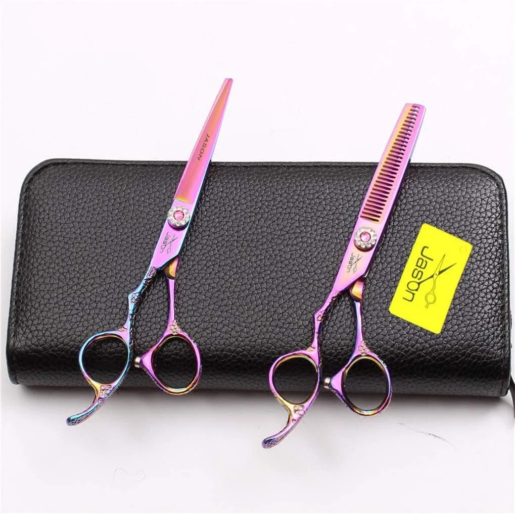 ست قیچی آرایشگری حرفه ای 6.0 اینچی دست چپ SXFXZ، قیچی پیرایش مو با دستگیره تنظیم دقیق، قیچی کم حجم کننده مو، فولاد 440C درجه یک، آرایشگر تیز، اصلاح مو، سالن خانگی، 4 رنگ، طلایی