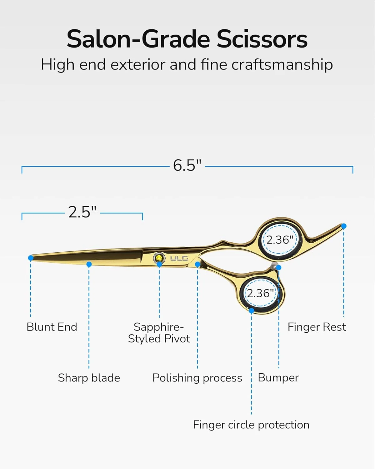قیچی آرایشگری مو ULG، قیچی مو 6.5 اینچی، قیچی آرایشگری، قیچی اصلاح مو با لبه تیغ سالنی، قیچی مو استیل ضد زنگ ژاپنی با انگشتی جداشدنی