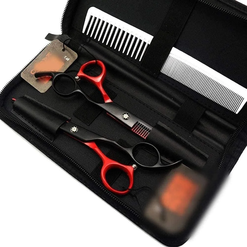 ست قیچی آرایشگری ENPAP 6.0 اینچ مشکی قرمز تخت + دندانه دار، ست قیچی حرفه ای آرایشگری - مشکی_قرمز