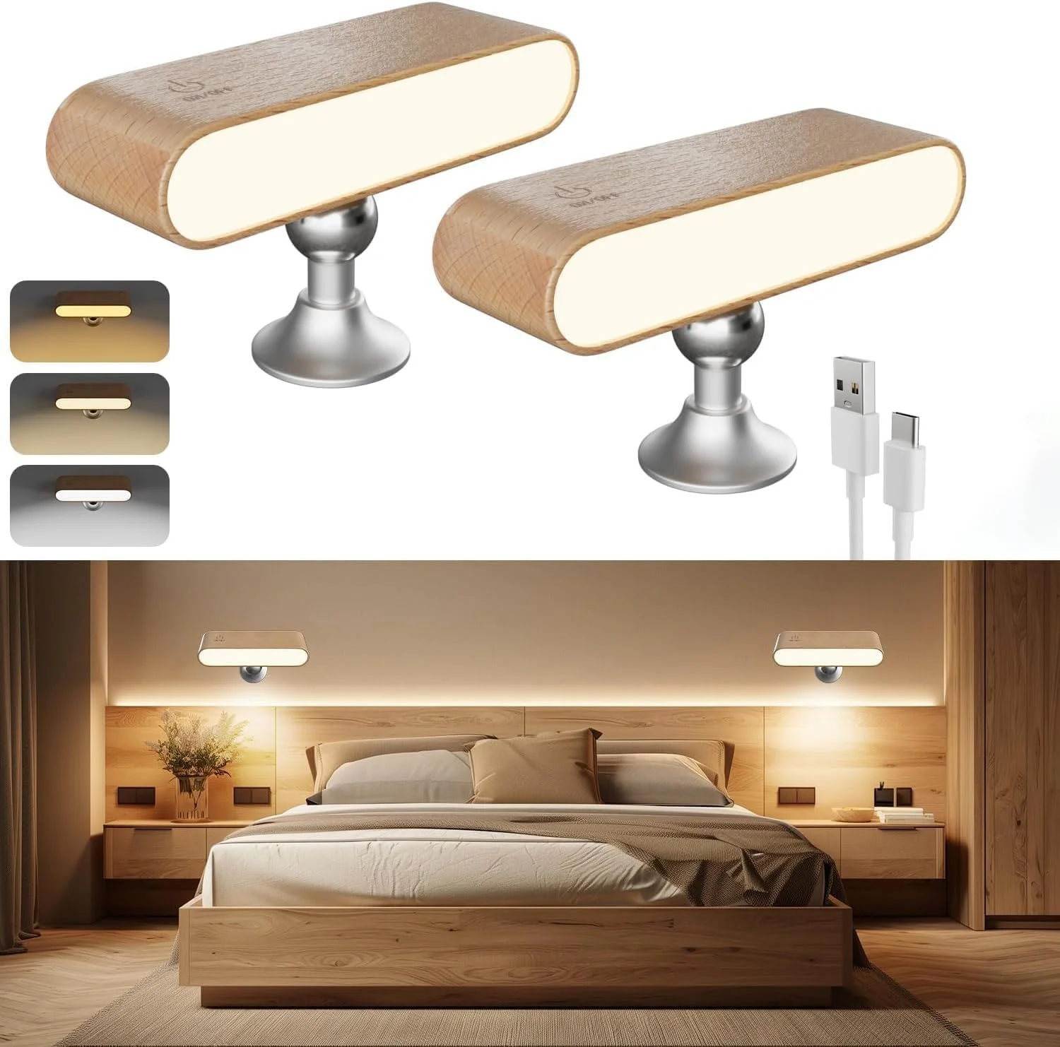 ست 2 عددی چراغ دیواری بی سیم، چراغ های دیواری شب شارژی با باتری، 3 دمای رنگ قابل تنظیم، دیمر دار، چراغ های دیواری مغناطیسی با قابلیت چرخش 360 درجه، برای اتاق خواب، عکس