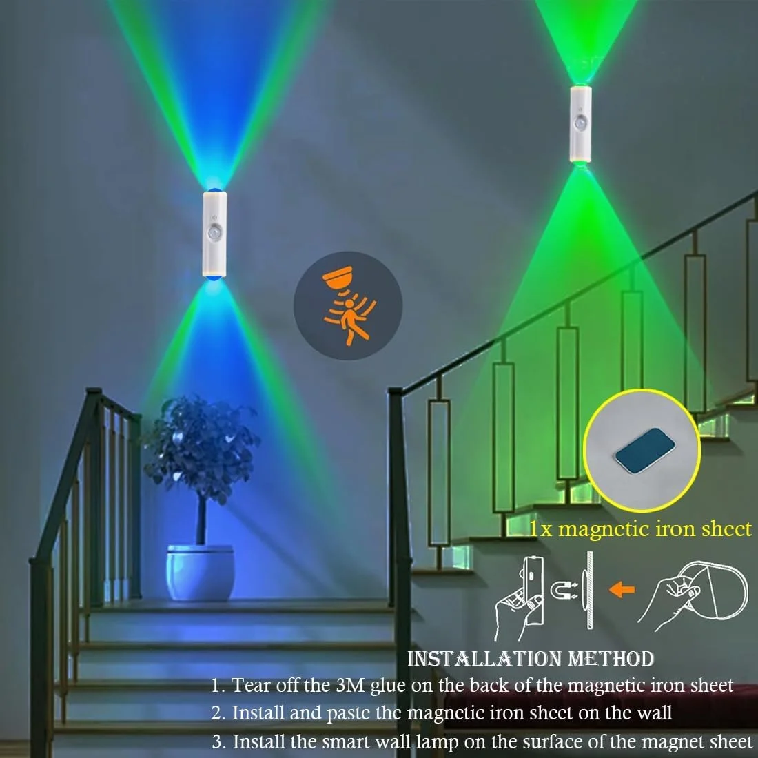 چراغ خواب سنسور حرکتی 2 عددی، چراغ خواب دیواری بی سیم قابل حمل، چراغ دیواری LED مغناطیسی قابل شارژ USB برای اتاق خواب، اتاق کودک، کنار تخت و اتاق نشیمن، چراغ دیواری هفت رنگ