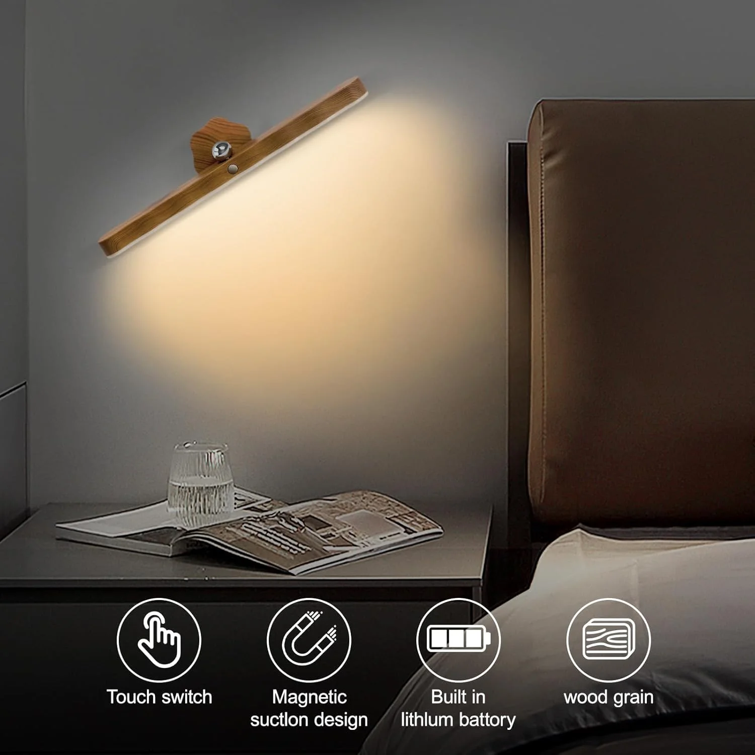 چراغ خواب چرخشی 360 درجه KASTWAVE با کنترل لمسی - چراغ دیواری مغناطیسی با طرح چوب برای اتاق خواب و نشیمن چراغ خواب چرخشی 360 درجه KASTWAVE با کنترل لمسی - چراغ دیواری مغناطیسی با طرح چوب برای اتاق خواب و نشیمن