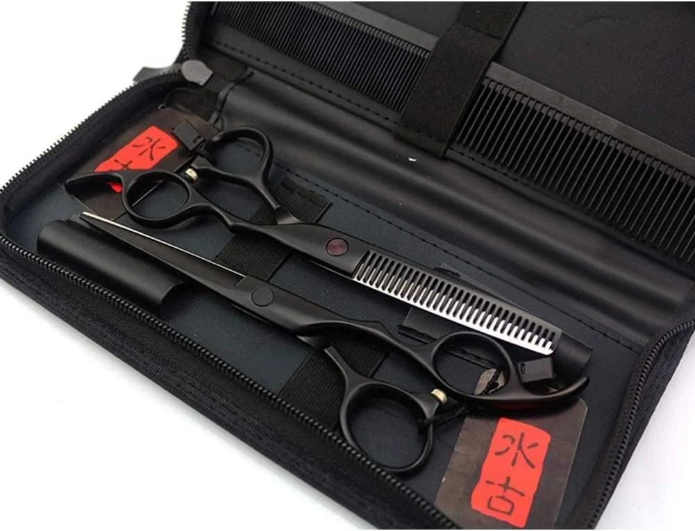 قیچی آرایشگری دسته طرح دست رنگ مشکی، قیچی کات، قیچی دندانه ای، قیچی پیتاژ 6 اینچ