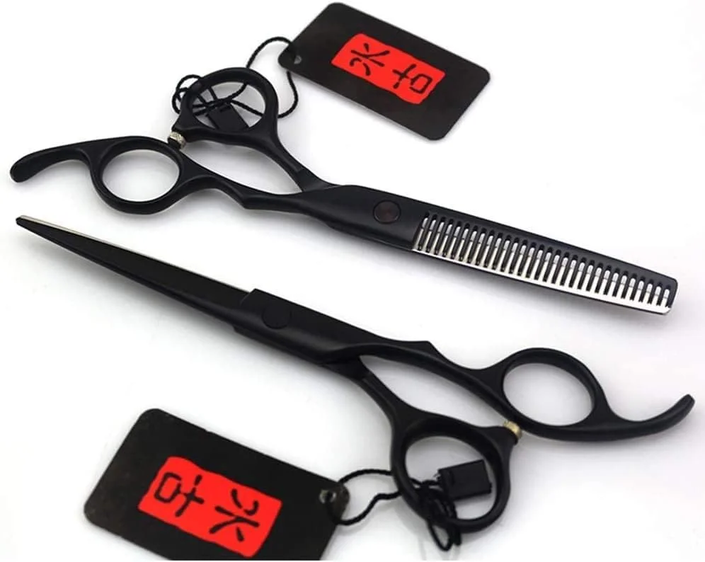 قیچی آرایشگری دسته طرح دست رنگ مشکی، قیچی کات، قیچی دندانه ای، قیچی پیتاژ 6 اینچ