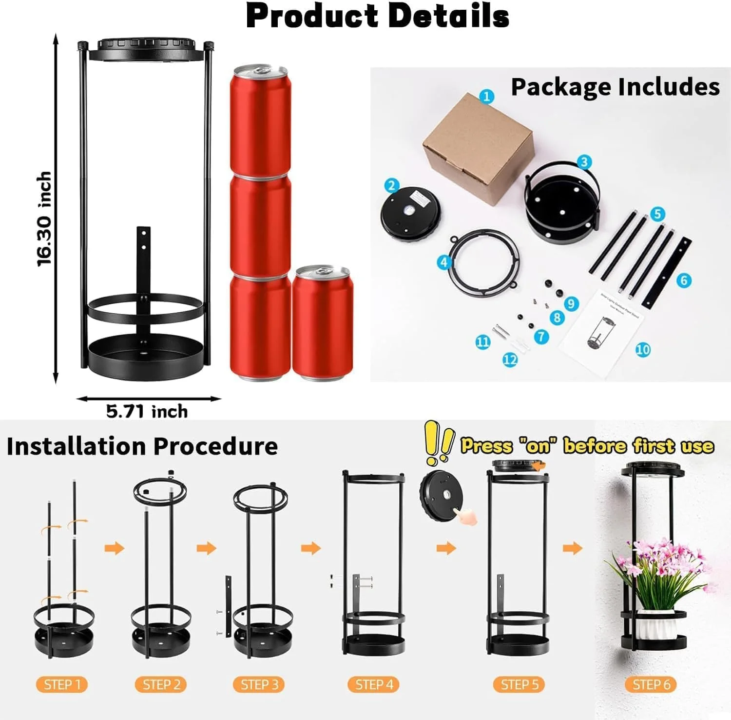 چراغهای خورشیدی ضد آب با پایه گلدان، چراغهای خورشیدی فضای باز با 3 دمای رنگ، نگهدارنده فلزی آویز گلدان، چراغ رشد گیاه، شمعدان دیواری فضای باز برای باغ، حیاط، پاسیو، بالکن، مشکی چراغهای خورشیدی ضد آب با پایه گلدان، چراغهای خورشیدی فضای باز با 3 دمای رنگ، نگهدارنده فلزی آویز گلدان، چراغ رشد گیاه، شمعدان دیواری فضای باز برای باغ، حیاط، پاسیو، بالکن، مشکی