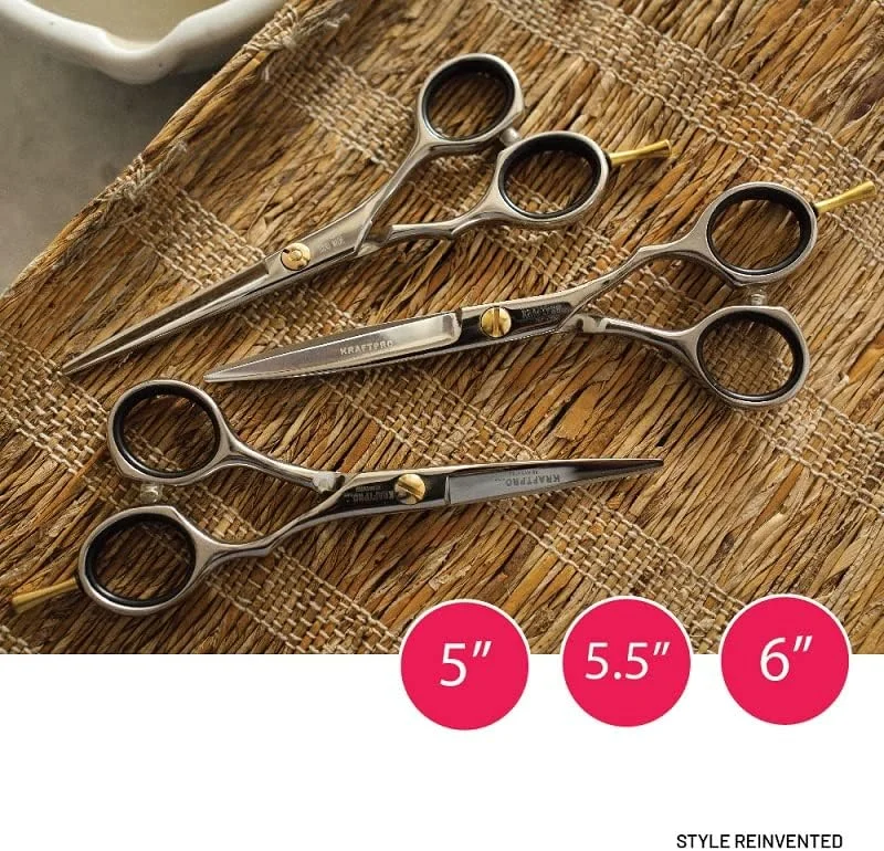 قیچی آرایشگری حرفه ای KRAFTPRO REINVENTED H-5 مناسب برای کوتاهی مو مردانه و زنانه، استیل ضد زنگ به همراه کیف، پارچه تمیز کننده و روغن