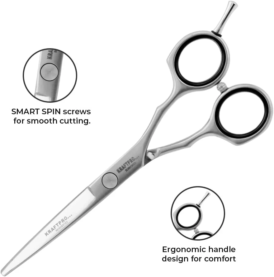 قیچی آرایشگری حرفه ای 5.5 اینچی Kraftpro Reinvented Sh، قیچی اصلاح مو از جنس استیل ضد زنگ به همراه کیف و پارچه روغن تمیز کننده/پیچ