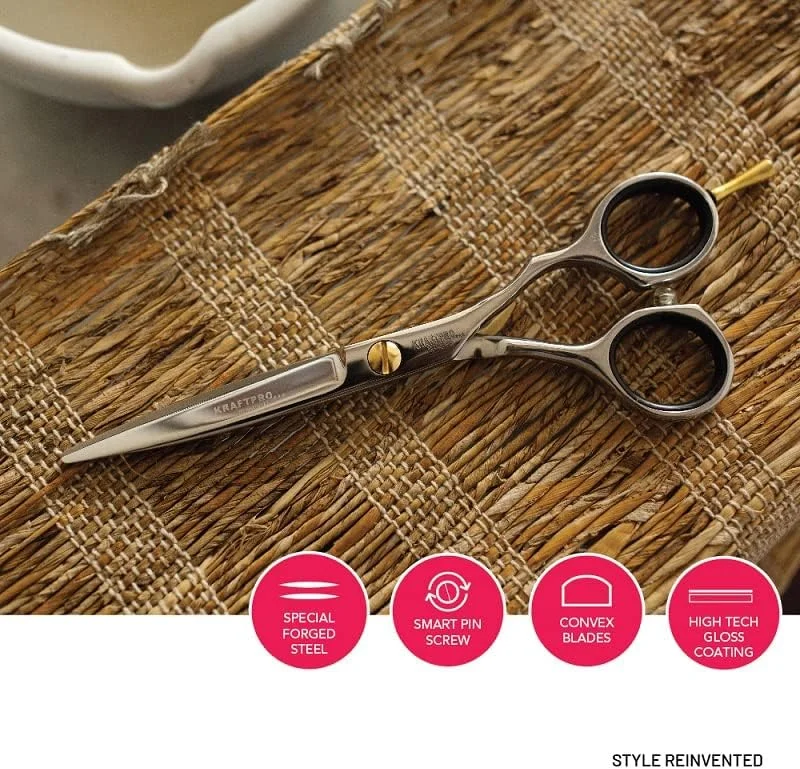 قیچی آرایشگری حرفه ای KRAFTPRO REINVENTED H-5 مناسب برای کوتاهی مو مردانه و زنانه، استیل ضد زنگ به همراه کیف، پارچه تمیز کننده و روغن