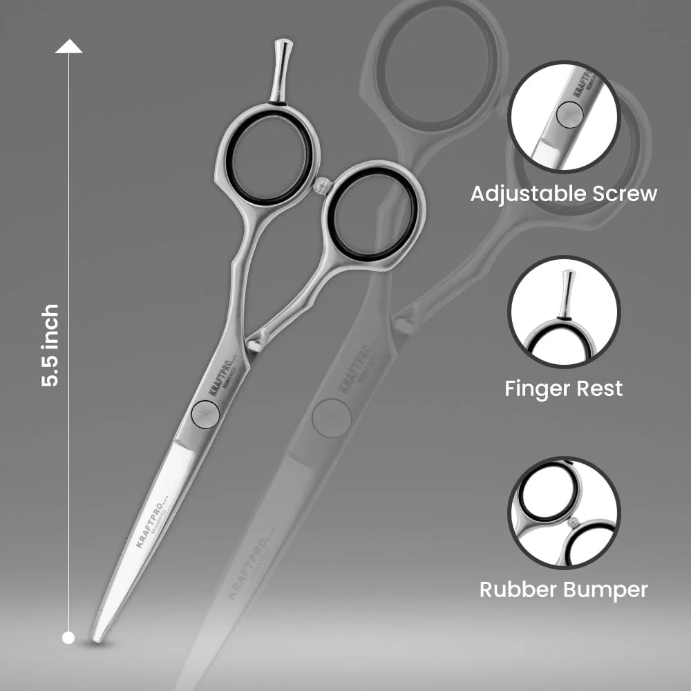 قیچی آرایشگری حرفه ای 5.5 اینچی Kraftpro Reinvented Sh، قیچی اصلاح مو از جنس استیل ضد زنگ به همراه کیف و پارچه روغن تمیز کننده/پیچ