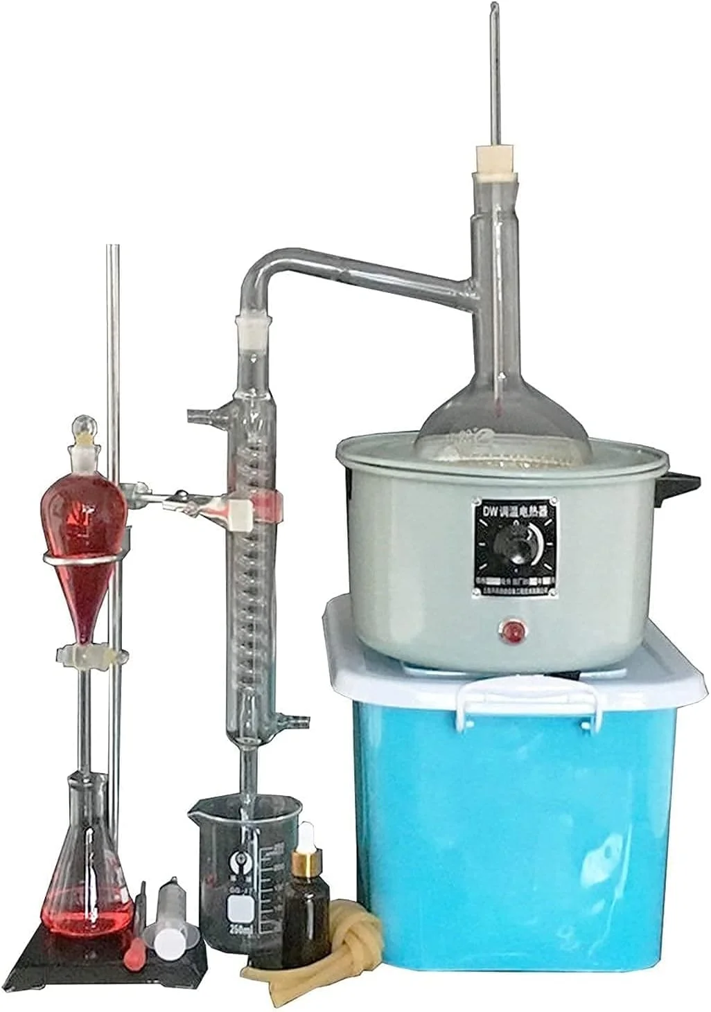 دستگاه تقطیر آزمایشگاهی تجهیزات زندگی WRQzxcv، دستگاه تقطیر آب خالص روغن ضروری، ست ظروف شیشه ای با ترموستات، بخاری برقی، جعبه نگهداری، ست آزمایش شیمیایی