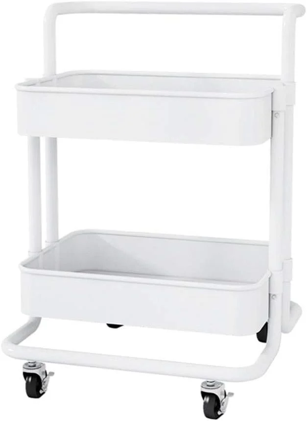 چرخ دستی سرویس WRQzxcv، چرخ دستی فلزی دو طبقه، ترولی چند منظوره متحرک برای نگهداری تجهیزات آزمایشگاهی، ترولی سالن زیبایی، مونتاژ آسان (سفید)