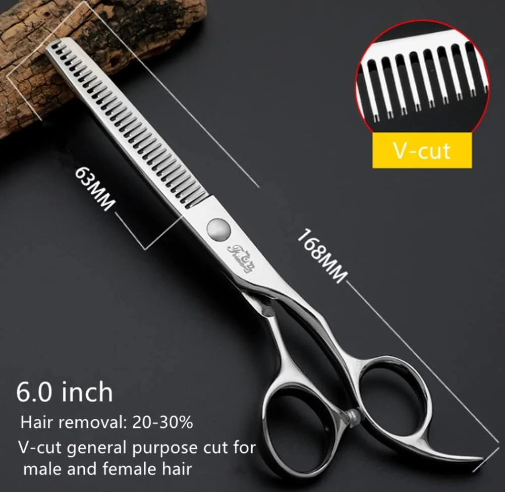 ست قیچی آرایشگری حرفه ای ZJCQA، قیچی مو 6 اینچی، قیچی V شکل فولاد 9cr13 برای برداشتن 20-30% مو، به همراه گیره، تنظیم کننده و پارچه