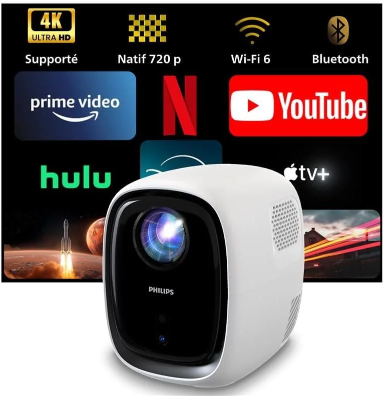 پروژکتور ویدئویی سینمای خانگی فیلیپس NeoPix 130، تصحیح تصویر پیشرفته، Full HD 720p، منبع نور LED پیشرفته، حالت آینه Wi-Fi، صدای استریو، سیستم عامل متصل، سفید