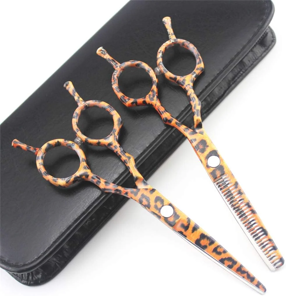 ست قیچی آرایشگری حرفه ای 5.5 اینچی با طرح پلنگی، قیچی های با کیفیت عالی برای آرایشگران، قیچی های پیتاژ و حجم دهنده مو، فولاد 440C، مناسب برای دست راست، لوازم پیرایش مو در خانه و سالن