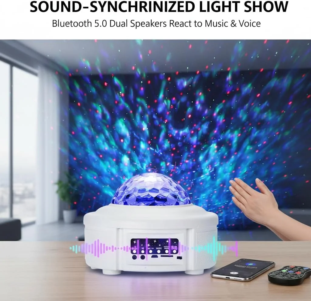 چراغ خواب پروژکتور ستاره ای با بلندگوی بلوتوث، لامپ موج اقیانوس LED و آسمان پر ستاره برای کودکان و بزرگسالان، حسگر صدا، روشنایی قابل تنظیم، هدیه برای تولد، اتاق خواب، مهمانی و عروسی چراغ خواب پروژکتور ستاره ای با بلندگوی بلوتوث، لامپ موج اقیانوس LED و آسمان پر ستاره برای کودکان و بزرگسالان، حسگر صدا، روشنایی قابل تنظیم، هدیه برای تولد، اتاق خواب، مهمانی و عروسی