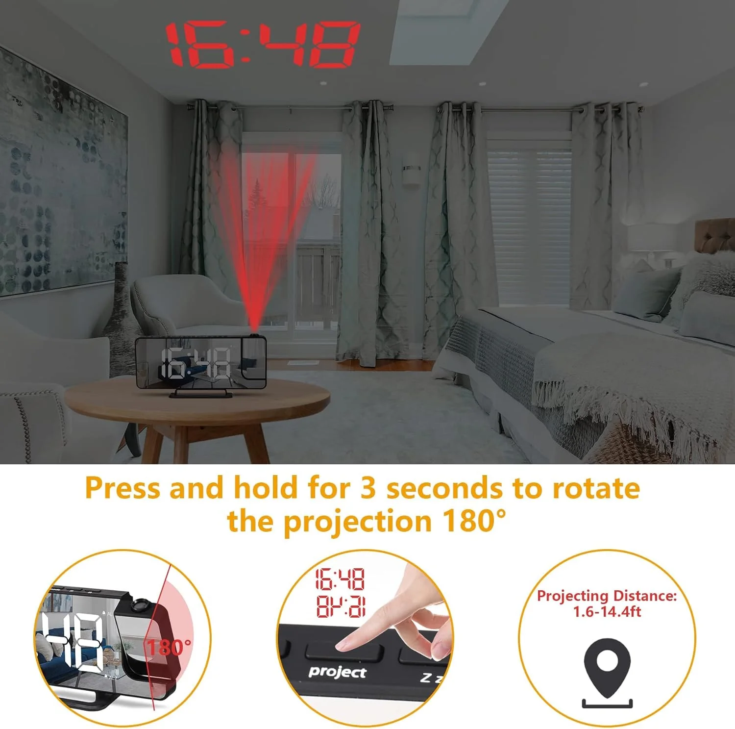 ساعت زنگ دار پروژکتوری برای اتاق خواب، صفحه نمایش آینه ای LED 7.3 اینچی با دیمر 0-100٪، ساعت دیجیتال زنگ دار دوگانه با پورت های شارژر USB، 12/24H، Snooze، ساعت پروژکتور برای دکور اتاق خواب برای افراد سنگین خواب