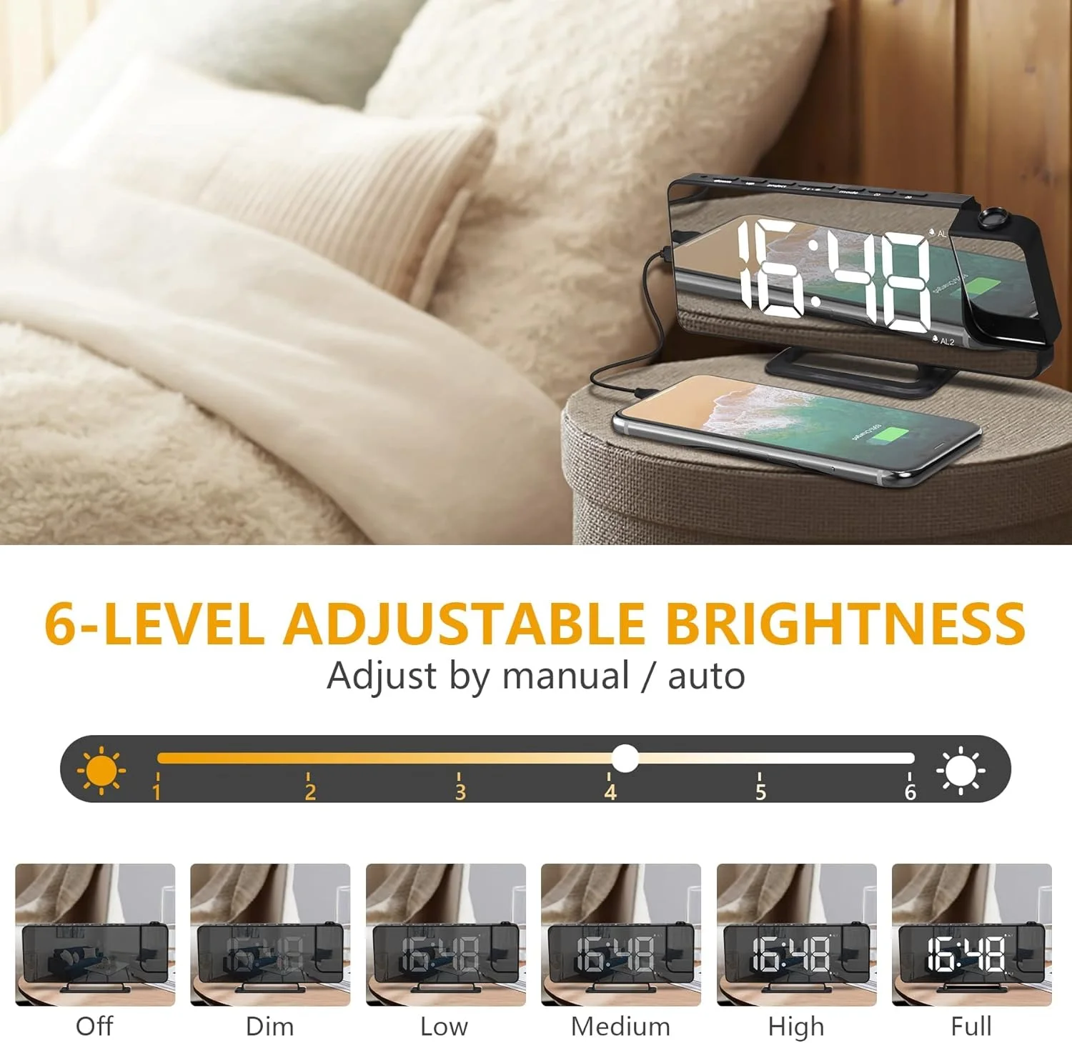 ساعت زنگ دار پروژکتوری برای اتاق خواب، صفحه نمایش آینه ای LED 7.3 اینچی با دیمر 0-100٪، ساعت دیجیتال زنگ دار دوگانه با پورت های شارژر USB، 12/24H، Snooze، ساعت پروژکتور برای دکور اتاق خواب برای افراد سنگین خواب