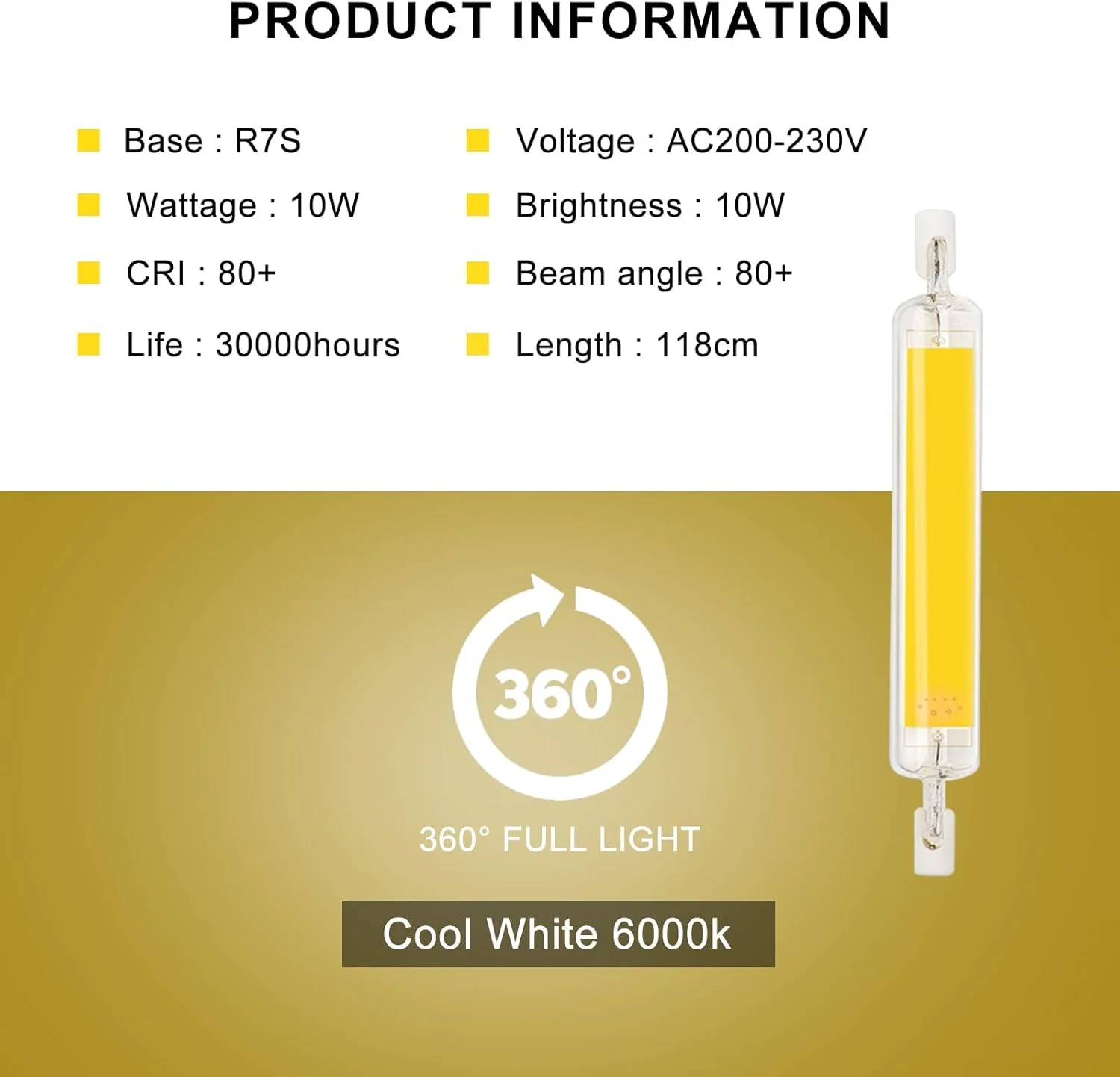 لامپ ال ای دی KASTWAVE R7S، 118 میلی متر، 10 وات، ال ای دی COB R7S دیمرخور، سفید یخی 6000K، معادل لامپ هالوژن J118 200 وات، جایگزین چراغ پروژکتور خطی بازتابنده صرفه جویی در انرژی لامپ ال ای دی KASTWAVE R7S، 118 میلی متر، 10 وات، ال ای دی COB R7S دیمرخور، سفید یخی 6000K، معادل لامپ هالوژن J118 200 وات، جایگزین چراغ پروژکتور خطی بازتابنده صرفه جویی در انرژی