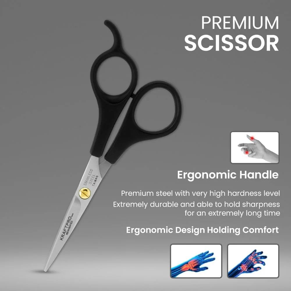 قیچی آرایشگری 5.5 اینچی KRAFTPRO، اصلاح شده، قیچی کوتاهی موی آرایشگر، با کاربری روان و راحت، نقره ای؛ مشکی قیچی آرایشگری 5.5 اینچی KRAFTPRO، اصلاح شده، قیچی کوتاهی موی آرایشگر، با کاربری روان و راحت، نقره ای؛ مشکی