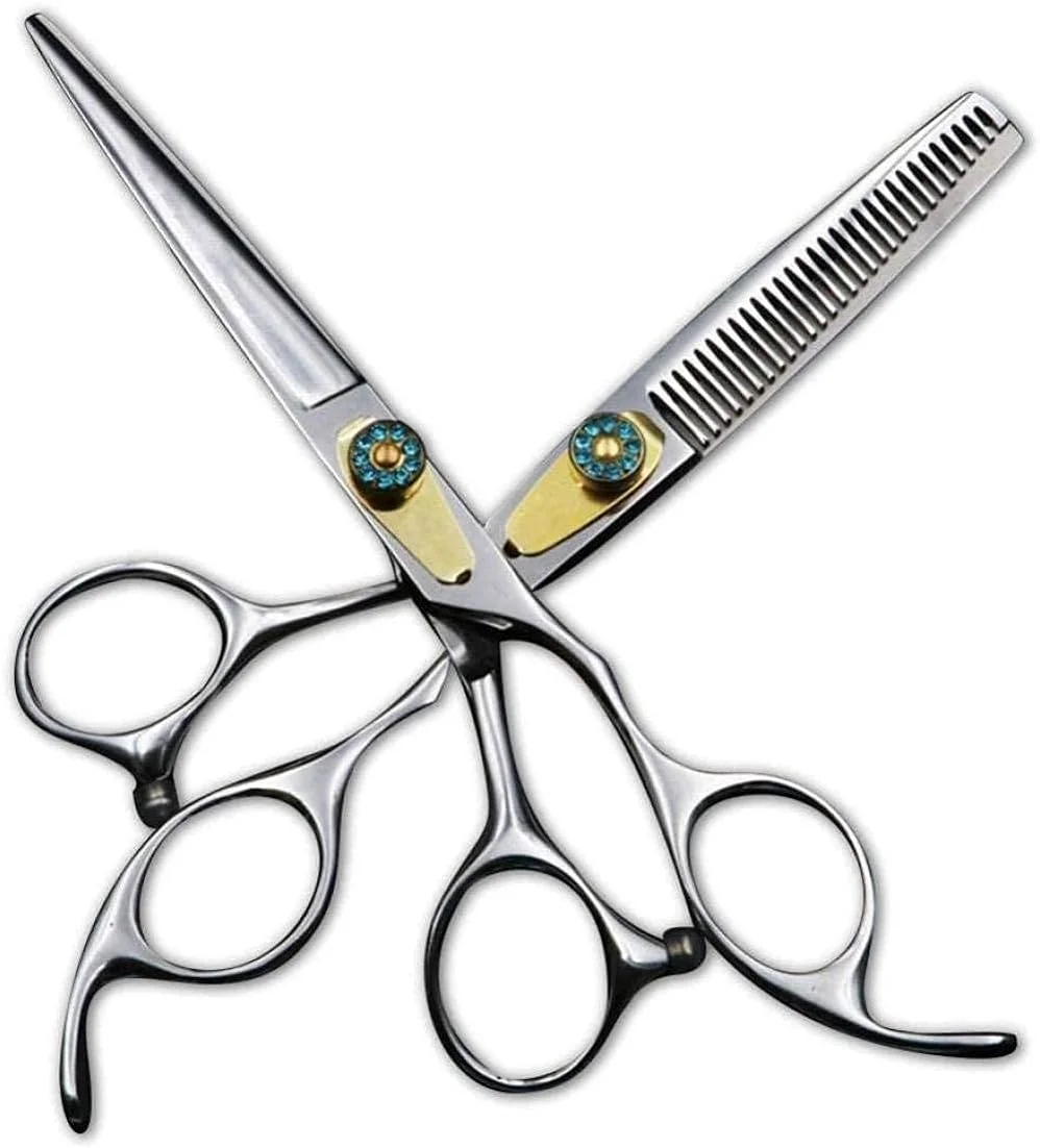 قیچی آرایشگری مو، قیچی تیز نقره ای 6 اینچی با طراحی یاقوت کبود نفیس و شیک، ساخته شده از فولاد ضد زنگ 440C، مناسب برای استفاده در سالن یا منزل