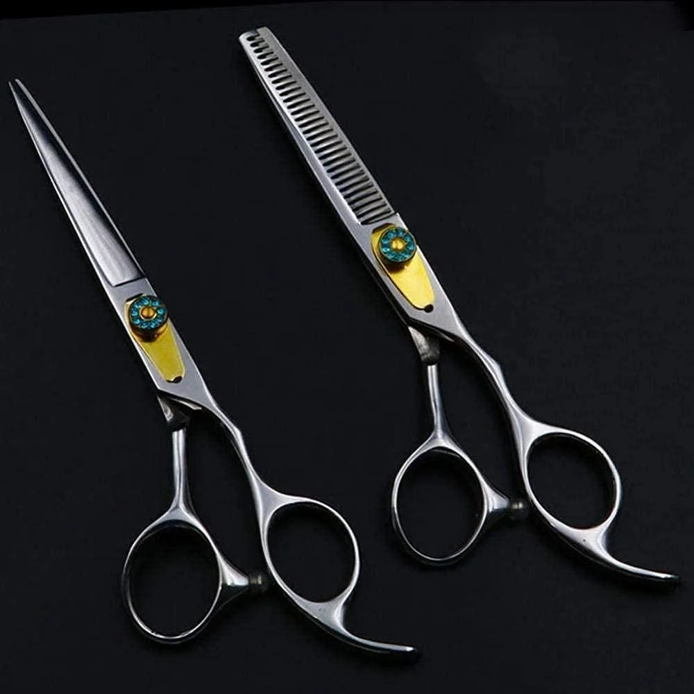 قیچی آرایشگری مو، قیچی تیز نقره ای 6 اینچی با طراحی یاقوت کبود نفیس و شیک، ساخته شده از فولاد ضد زنگ 440C، مناسب برای استفاده در سالن یا منزل