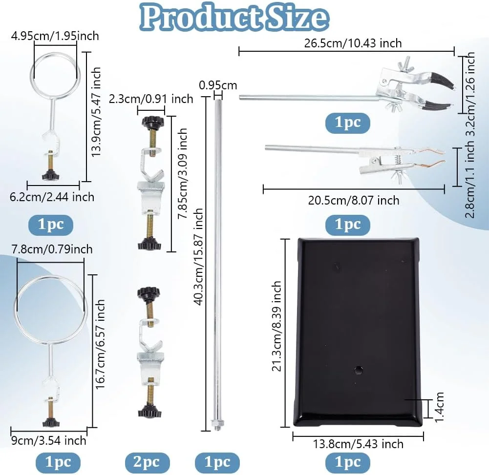 مجموعه پایه و نگهدارنده آزمایشگاهی OLYCRAFT، شامل پایه آزمایشگاه و مجموعه گیره با 2 حلقه رتورت، گیره فلاسک، گیره بورت، میله 16 اینچی و پایه 8.3x5.4 اینچی برای ظروف شیشه ای آزمایشگاهی