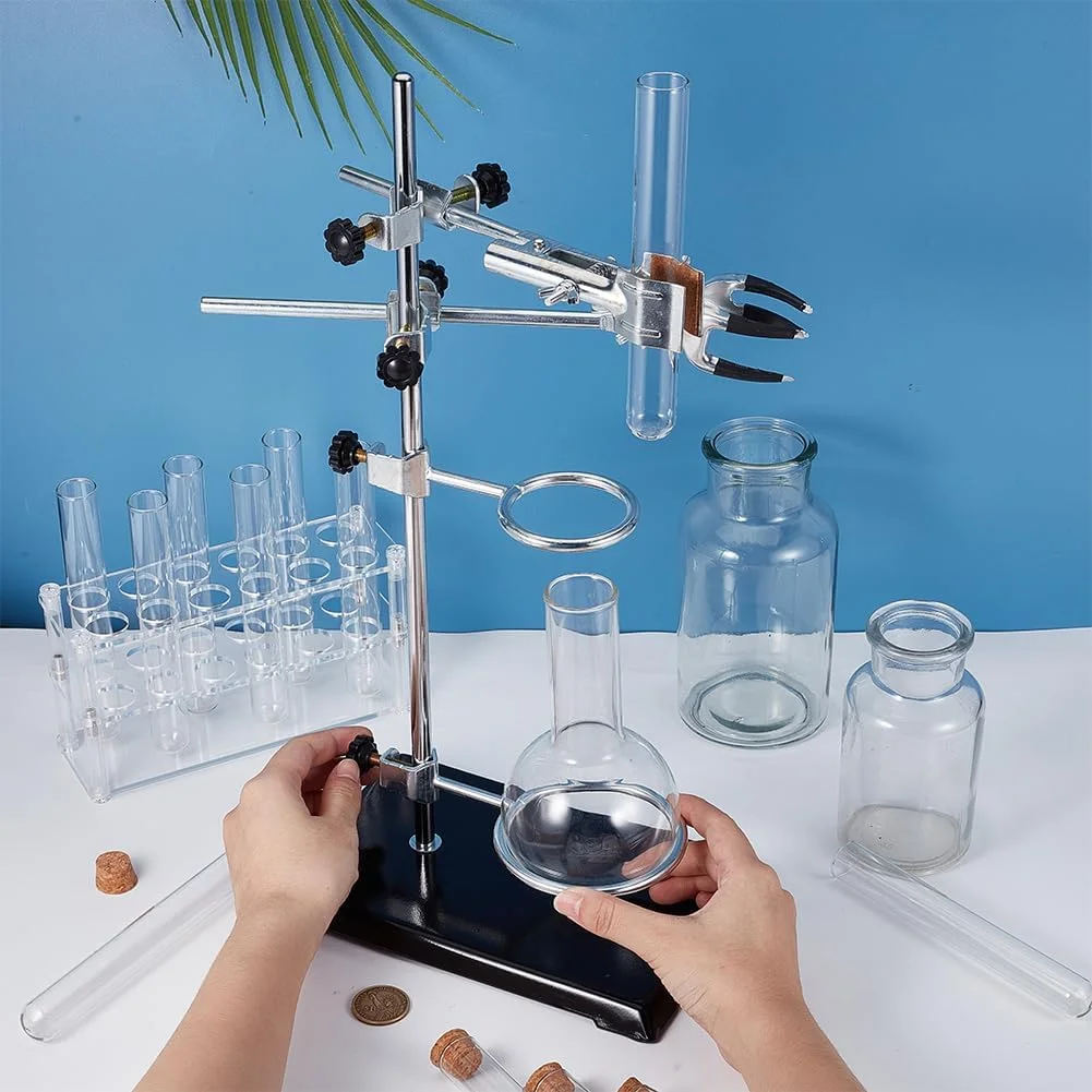 مجموعه پایه و نگهدارنده آزمایشگاهی OLYCRAFT، شامل پایه آزمایشگاه و مجموعه گیره با 2 حلقه رتورت، گیره فلاسک، گیره بورت، میله 16 اینچی و پایه 8.3x5.4 اینچی برای ظروف شیشه ای آزمایشگاهی