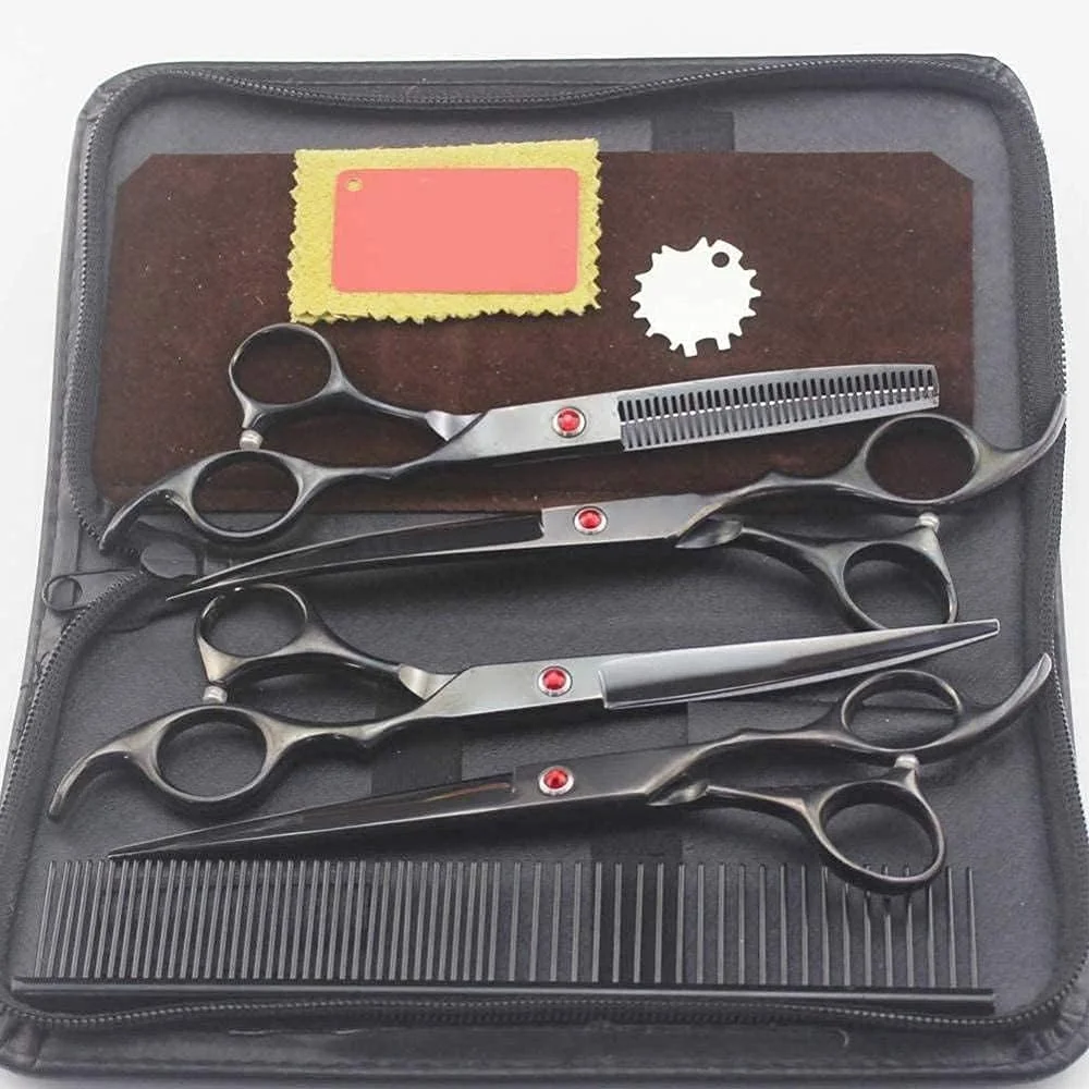 قیچی آرایشگری مو، ست آرایشگری حرفه ای پیرایش و نازک کردن مو 7 اینچ (نقره ای، ست 7 اینچی) قیچی آرایشگری