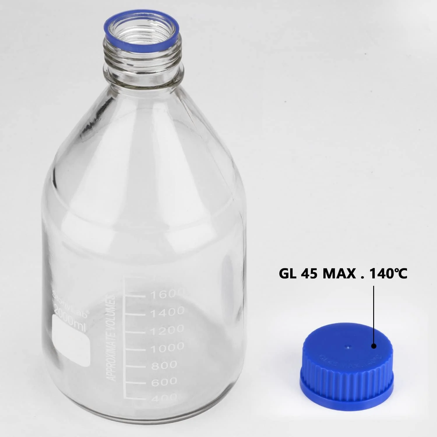 بطری های ذخیره سازی مدرج استون لاب با درب پیچی GL45، بطری های شیشه ای شفاف گرد آزمایشگاهی برای ذخیره سازی محیط کشت، 2000 میلی لیتر، 1 عدد بطری های ذخیره سازی مدرج استون لاب با درب پیچی GL45، بطری های شیشه ای شفاف گرد آزمایشگاهی برای ذخیره سازی محیط کشت، 2000 میلی لیتر، 1 عدد