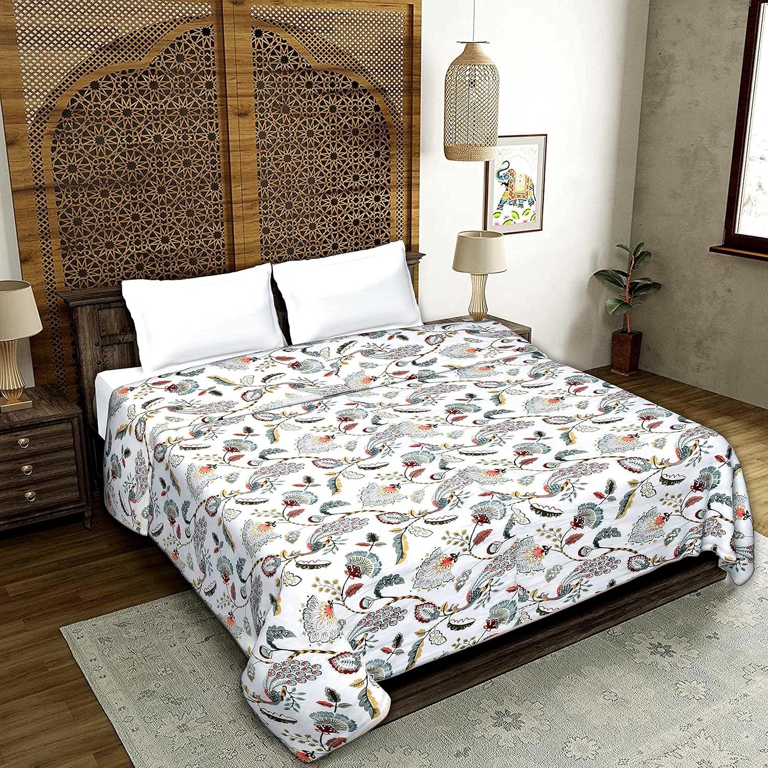 لحاف دو رو مال مال نخی خالص CRIMSON CROCHET، سایز یک نفره، طرح چاپی جیپوری، طراحی شده توسط صنعتگران، پتوی نرم و سبک وزن مناسب فصل تابستان (دو نفره، طرح مور قرمز)