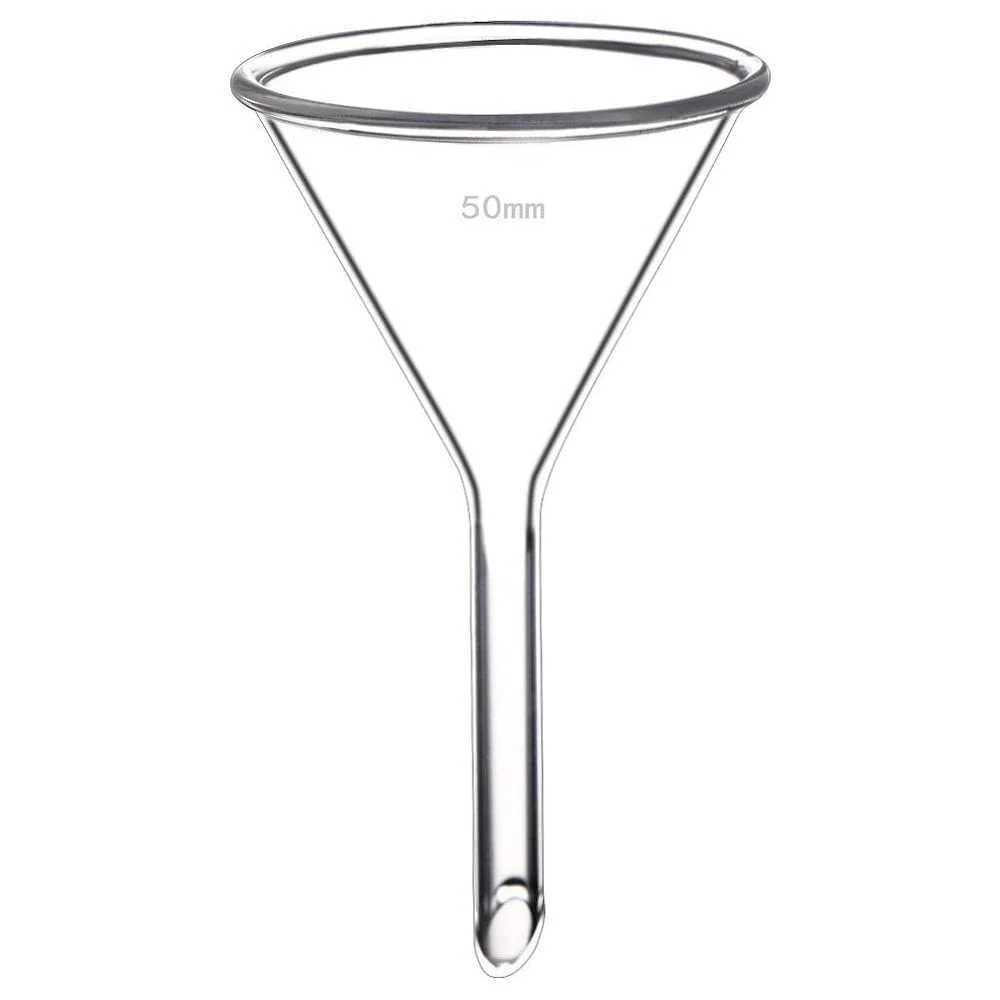 مجموعه 4 قیف شیشه ای بوروسیلیکات سنگین - قطر 50 میلی متر در 50 میلی متر، زاویه 60 درجه، ساقه کوتاه (قطر 7 میلی متر) | فیلتراسیون و انتقال آسان و دقیق مایعات و پودرها